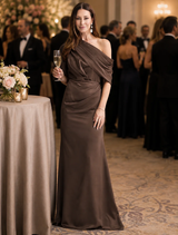 Chocolate Halle gown draped elegantly, highlighting its sophisticated style and luxurious fabric.