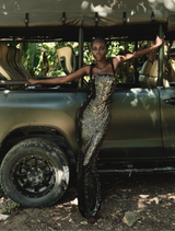 Kaia gown in rich chocolate hue, featuring a graceful design and intricate embellishments, ideal for special events