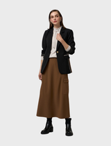 Elegant black Cipher Blazer on a hanger, showcasing a modern cut and sophisticated style for professional wear.