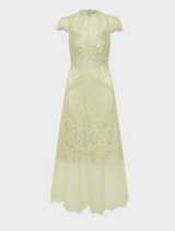 In a lush garden, a woman wears a citrus lace midi dress, showcasing elegance amidst colorful floral surroundings.
