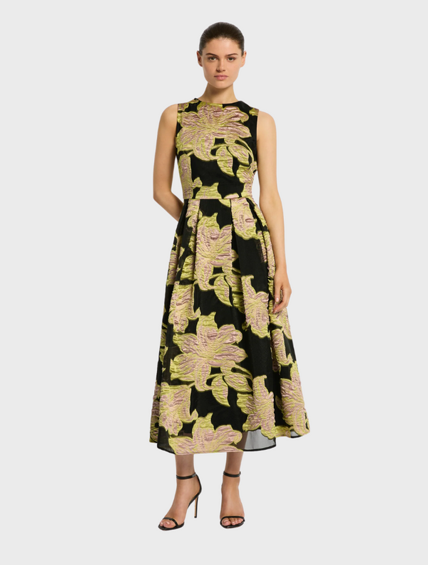 Elegant black and pink floral print dress, ideal for evening outings, named Florence Midi Dress.
