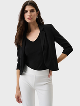 Classic black blazer with a tailored fit, featuring notched lapels and a single-button closure.
