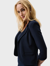 Tailored midnight blue blazer featuring notched lapels and two front pockets, suitable for both business and casual wear.