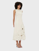 Vanilla sleeveless midi dress adorned with beautiful appliqué, suitable for casual or semi-formal gatherings.