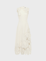 Cleo Appliqué Sleeveless Midi Dress in Vanilla, featuring delicate appliqué details and a flowing silhouette.

