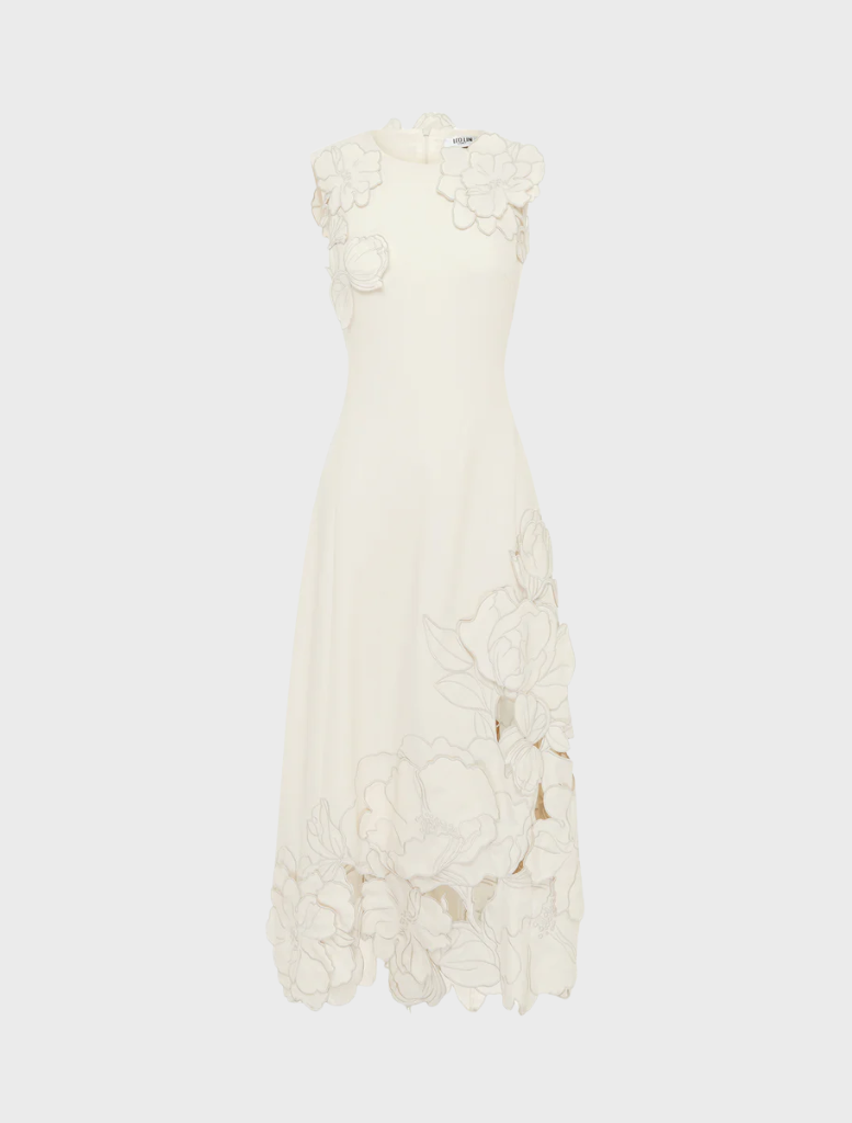 Cleo Appliqué Sleeveless Midi Dress in Vanilla, featuring delicate appliqué details and a flowing silhouette.


