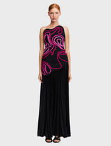  A black and pink dress featuring a swirling pink design, showcasing a stylish and modern aesthetic.