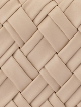 Elegant beige clutch bag made of woven leather identified as the Haven Woven Clutch Natural