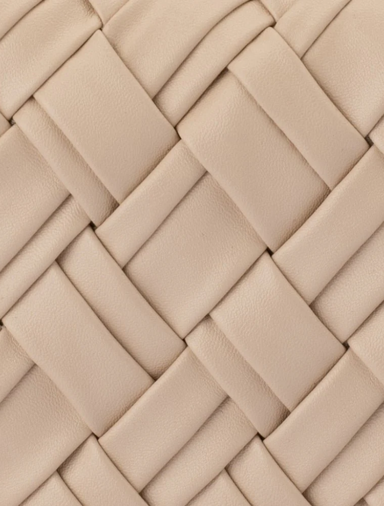 Elegant beige clutch bag made of woven leather identified as the Haven Woven Clutch Natural
