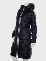 Black quilted coat with a stylish design, featuring a high collar and button closure for warmth and comfort.