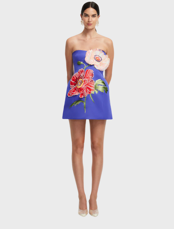  A model showcases a blue dress adorned with a vibrant floral pattern.