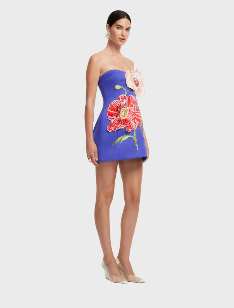  A model showcases a blue dress adorned with a vibrant floral print, highlighting a stylish and feminine look.