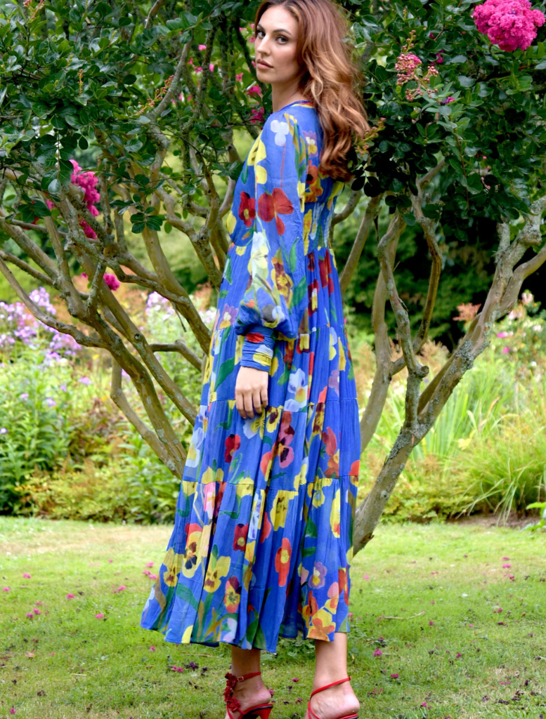 Awe Night Long Dress in cobalt, decorated with a delicate blue floral pattern for a stylish look.