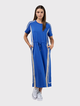 Short sleeve dress in cobalt and stone, featuring contrast tape details and a tie channel at the waist for a fitted look.