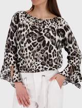 Coffee-patterned blouse with an all-over leopard design, elastic waistband, and ⅞ trumpet sleeves for a contemporary appearance.