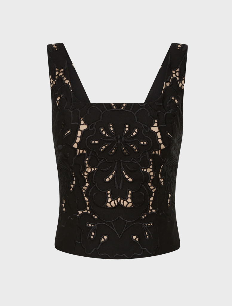 Black crop top with lace detailing, named Colette Bustier, showcasing a stylish and elegant design.