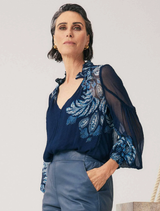 Colette Viscose Chiffon Blouse with a shirred collar, featuring a Moonlit Batik print design.