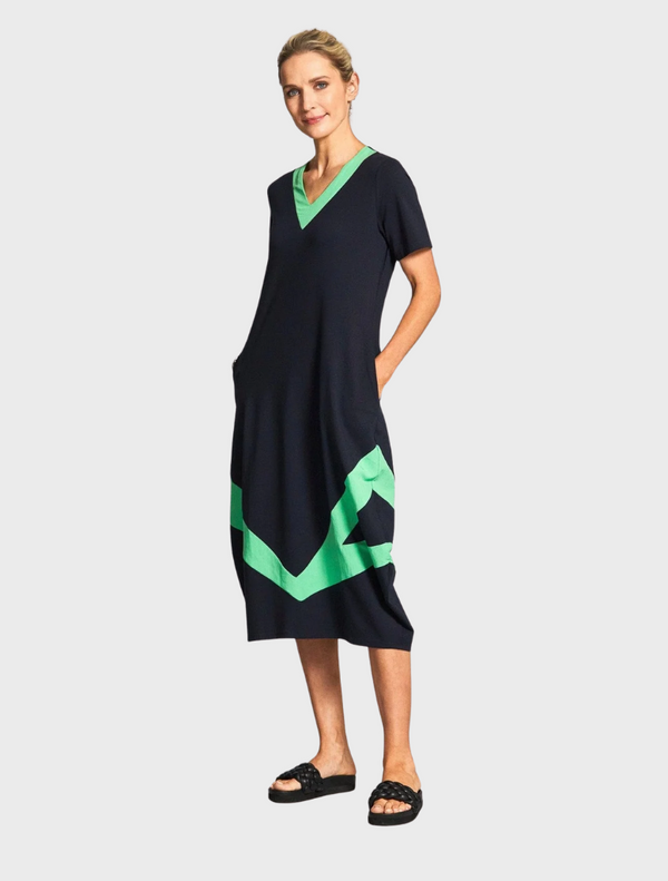 A black and green dress featuring a stylish v-neck design.