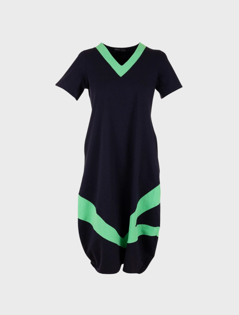 Fashionable black and green dress with a v-neck style.