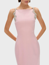 Elegant Oryx Column Gown in a soft rosewater hue, featuring a sleek silhouette and sophisticated design.