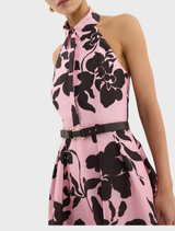 Floral print Connie Halter Midi Dress in pink and black, combining sophistication with a trendy design.