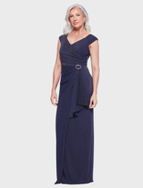 Elegant navy Connie gown featuring a fitted silhouette and flowing skirt, perfect for formal occasions.