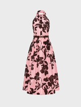  Pink and black floral print on a Connie Halter Midi Dress  showcasing a stylish and elegant design.