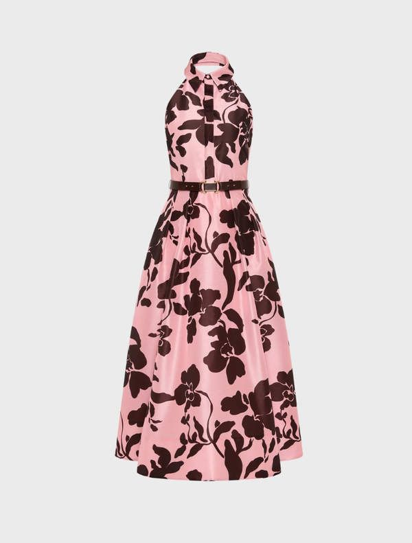  Pink and black floral print on a Connie Halter Midi Dress  showcasing a stylish and elegant design.