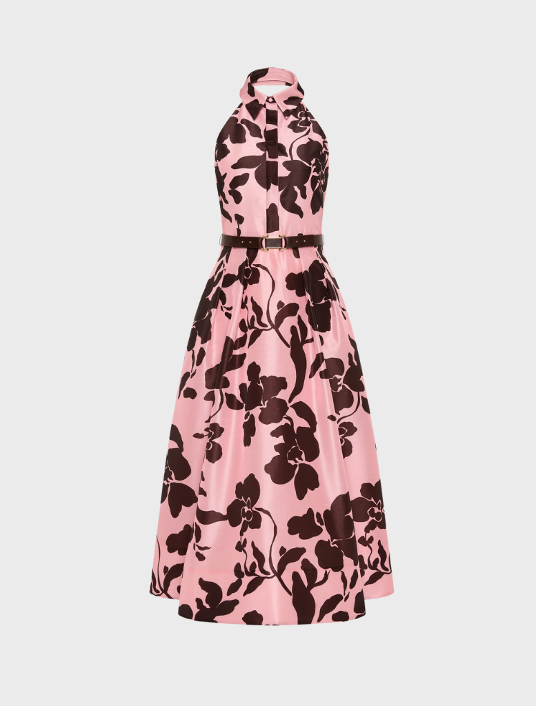  Pink and black floral print on a Connie Halter Midi Dress  showcasing a stylish and elegant design.