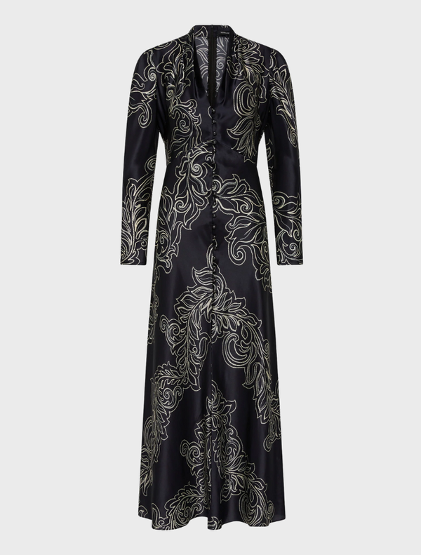 Long-sleeve maxi dress in dark ink and cream, featuring a flowing silhouette and elegant design.