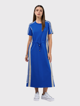 Short sleeve cobalt and stone dress with contrast tape details on sleeves, side seams, and back hem; features a waist tie channel.