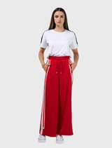 Wide leg pant in poppy and blush with elasticated waist, adjustable ties, and contrast tape detail on side seams.