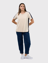 Classic cotton tee in stone and navy with round neckline and contrast tape detail on sleeves and side seams.