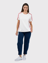 Classic white and blush cotton tee with round neckline and contrast tape detail on sleeves and side seams.