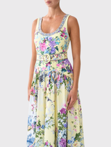 Jersey tank dress with a contrast skirt, featuring Chinoiserie floral prints in butter yellow, magenta, and mauve hues.