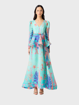 Coral long sleeve maxi dress in blue multi pattern, featuring a flowing silhouette and elegant design for a stylish look.