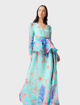 Stylish coral long sleeve maxi dress in blue multi hues, designed for a flattering silhouette and versatile wear.