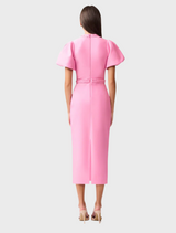 Pink midi dress made from stretchy fabric, showcasing a comfortable and stylish design suitable for various occasions.