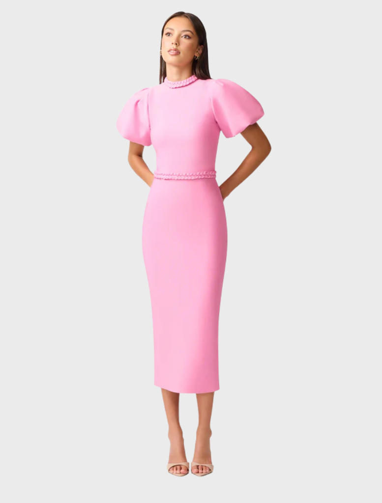 The image features a pink midi dress designed with stretchy fabric, ensuring comfort and elegance for any event.