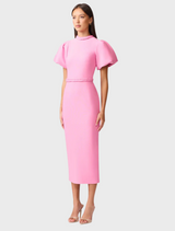 A stylish pink midi dress made from stretchy fabric, perfect for a range of occasions with its comfortable fit.
