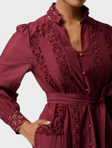  Bordeaux Cascadian Cotton Silk Lace Maxi Dress displayed on a mannequin, showcasing intricate lace details and flowing fabric.