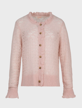 Feminine pink cardigan with ruffle accents, combining comfort and style for a chic layering option.
