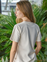 Everyday cream t-shirt with a lace overlay, crafted from 100% cotton for a soft, comfortable fit and elegant appearance.