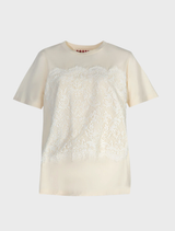 Cream t-shirt with soft lace overlay, designed for a standard fit, offering a feminine touch to a casual wardrobe essential.