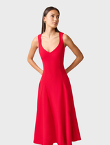 Elegant crimson Lila A-Line midi dress with a fitted top and flowing skirt, ideal for formal events.
