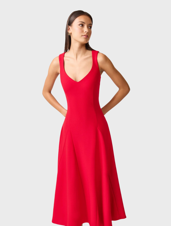 Elegant crimson Lila A-Line midi dress with a fitted top and flowing skirt, ideal for formal events.