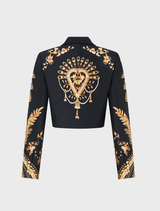 Taurus Rising cropped jacket, combining silk and wool, showcases a fitted design influenced by traditional matador embroidery.