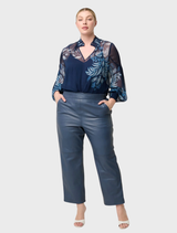 Montoya stonewashed blue cropped leather pants with a straight leg design, ideal for casual or dressy occasions.