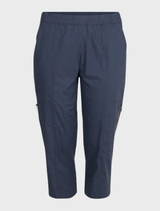 French navy cropped zip cargo trousers, combining a contemporary look with practical storage options for daily use.