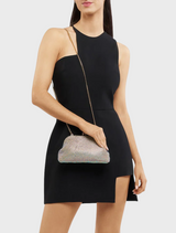 A shimmering crystal clutch bag made from metallic material, perfect for special occasions.